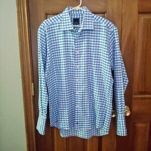 David Donahue Button Up Dress Shirt 17.5" 34"/35" Blue White Check French Cuff